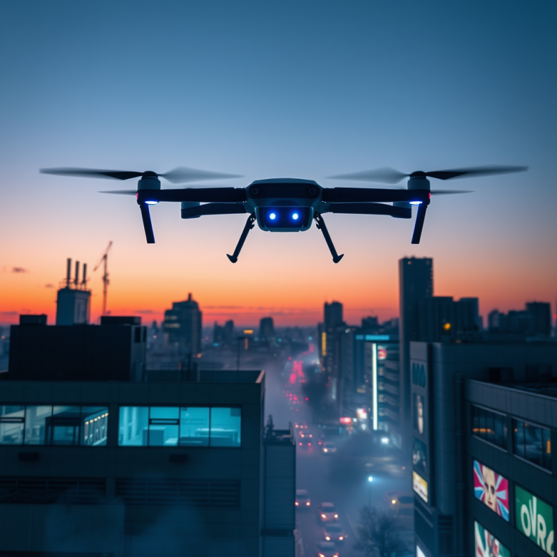 Sleek Drone Hovers Above a Vibrant City at Dusk, Its