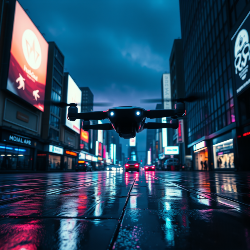 Sleek Drone Hovers Over a Rain-slicked Urban Street