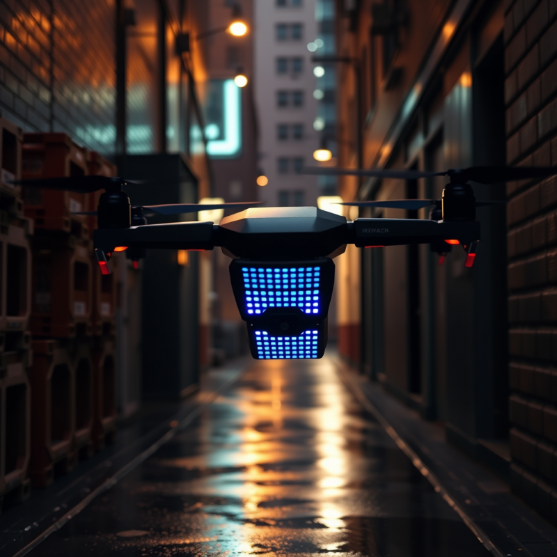 Sleek Drone with Glowing Blue Led Array Hovers Over