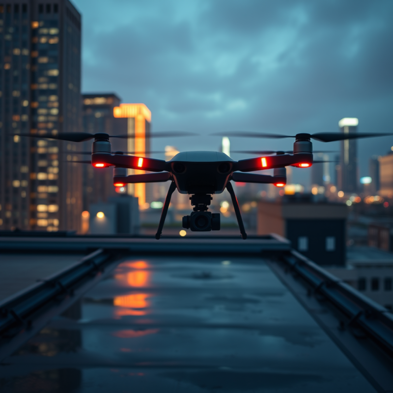Sleek Drone with Glowing Red Lights Hovers Over a