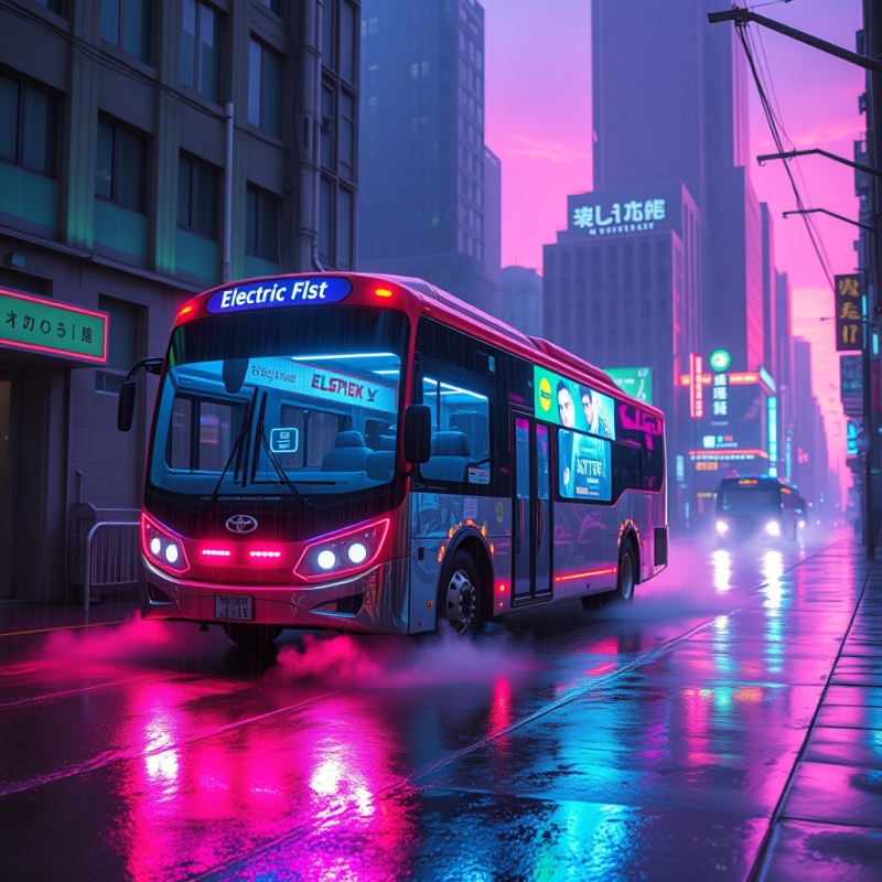 Sleek Electric Bus Glides Through a Rain-soaked,