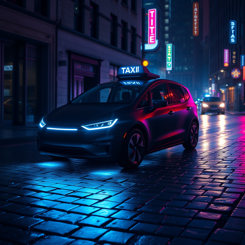 Sleek Electric Taxi Glows Under Vibrant Neon Lights