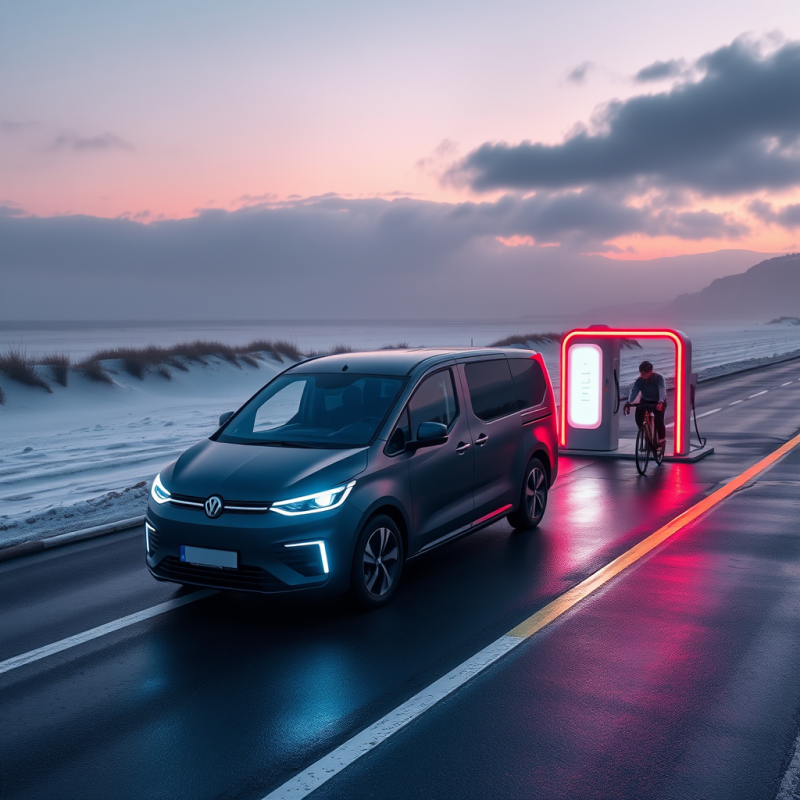 Sleek Electric Van Charges at a Glowing Red Station