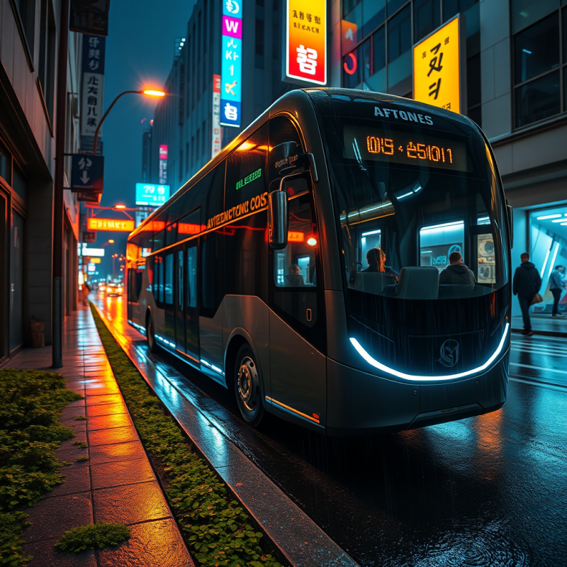 Sleek, Futuristic Bus Glides Through a Rain-slicked