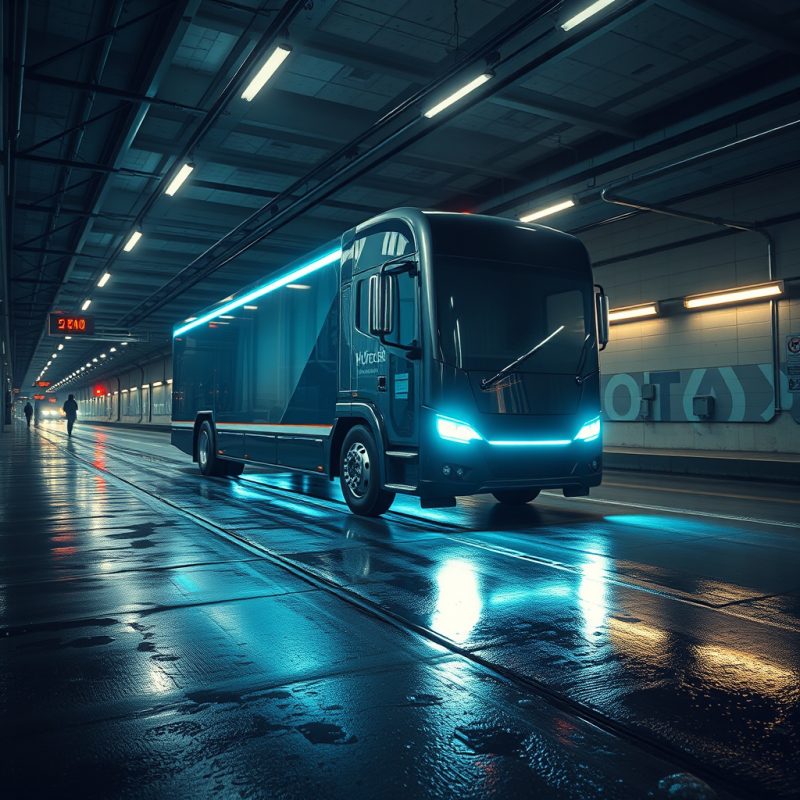 Sleek, Glowing Blue Bus Travels Through a Wet,