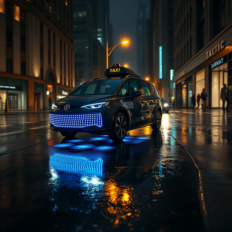 Sleek, Glowing Blue Taxi Navigates a Wet Urban