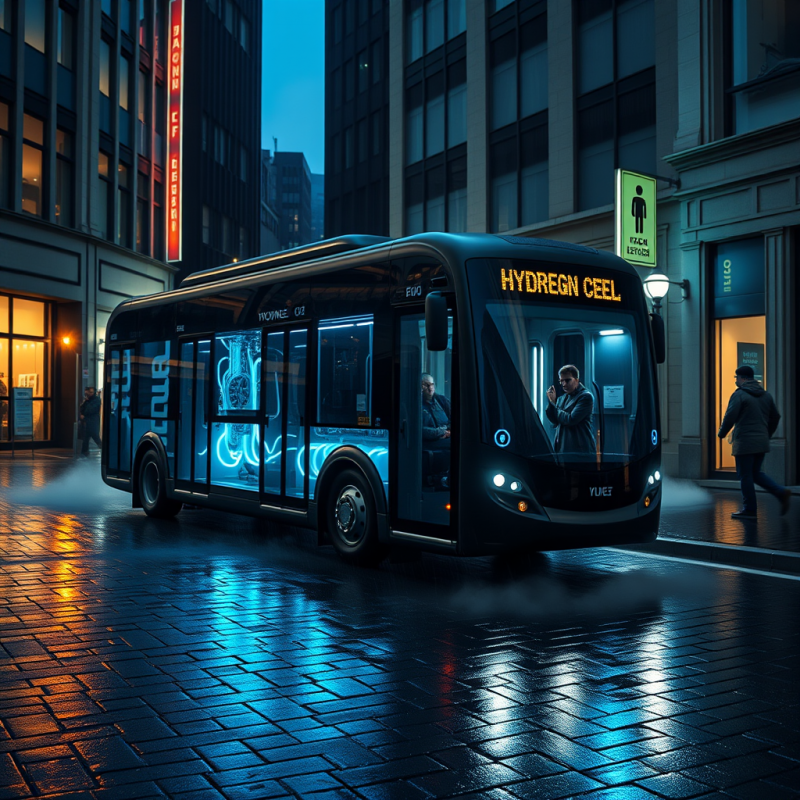 Sleek, Glowing Futuristic Bus Navigates a Wet,