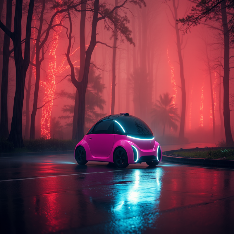 Sleek, Glowing Pink Autonomous Car Drives Through a