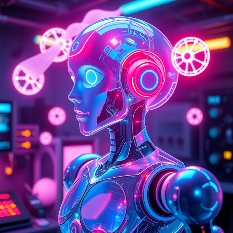 Sleek, Glowing Robot with Neon Pink and Blue Accents