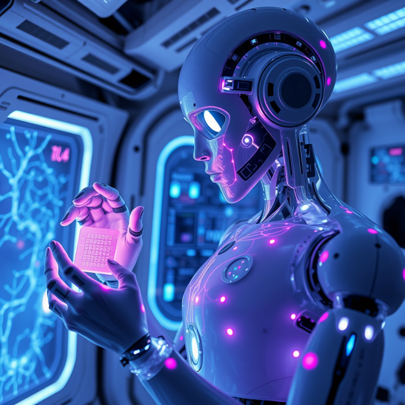 Sleek Humanoid Robot in a Neon-lit Lab Examines a