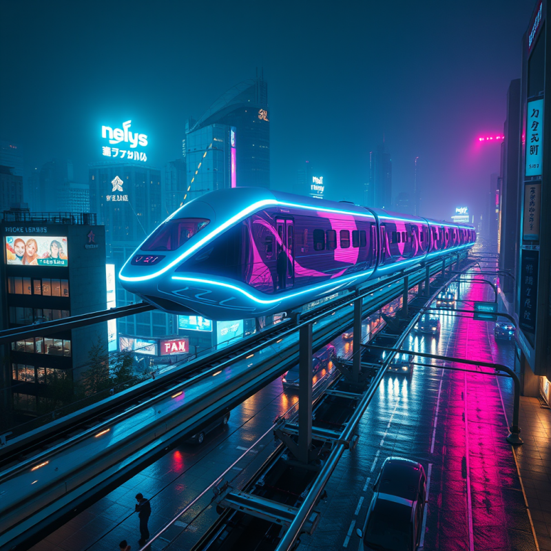 Sleek Maglev Train Glides Over Wet Streets Under