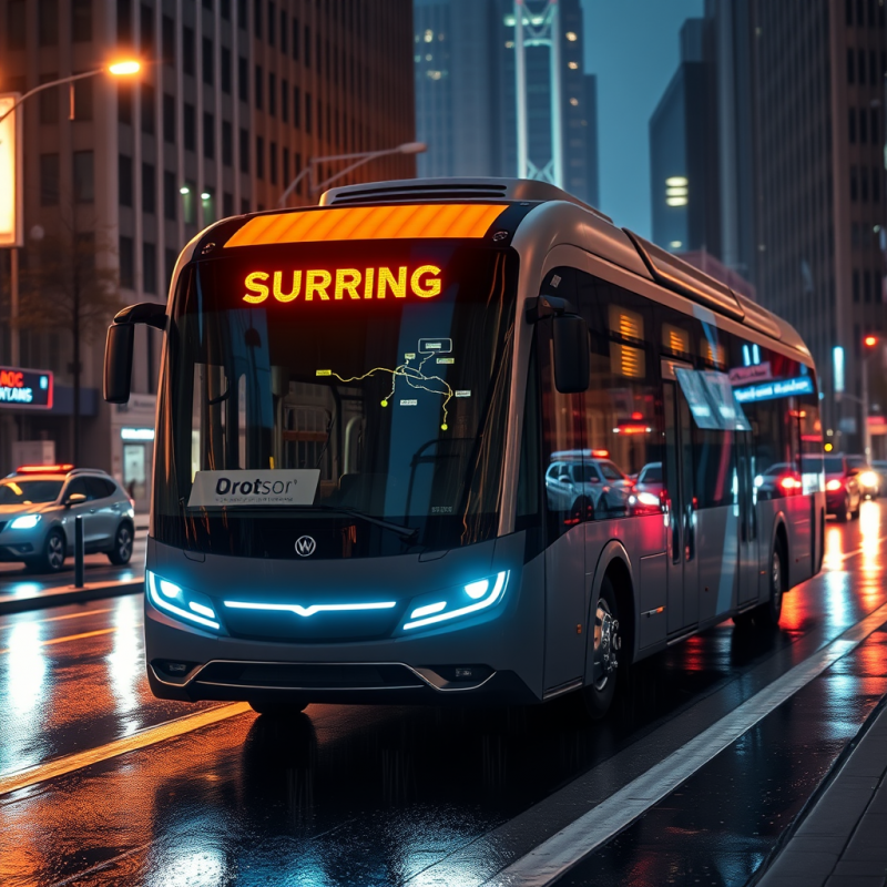 Sleek, Modern Bus with Glowing Blue Headlights