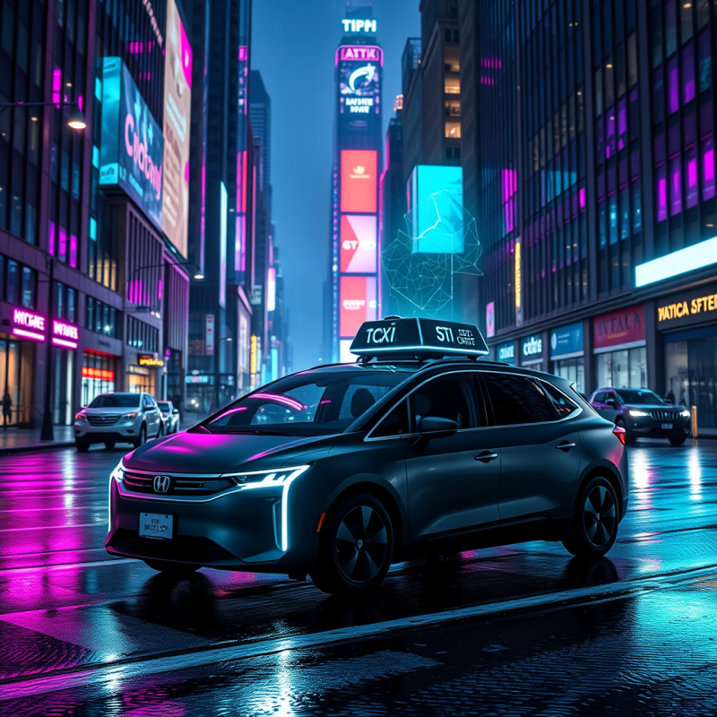 Sleek, Modern Taxi Glides Through a Rain-slicked