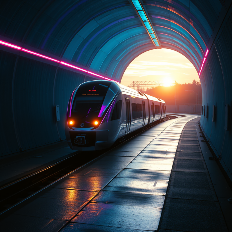 Sleek Modern Train Exits a Glowing Blue and Pink
