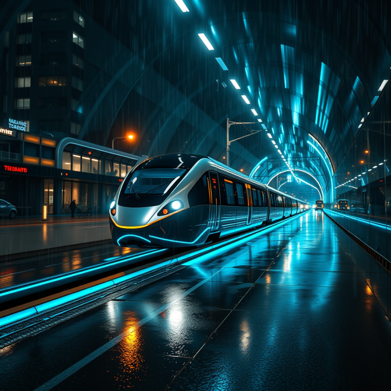Sleek, Modern Train Glides Through a Rain-slicked,