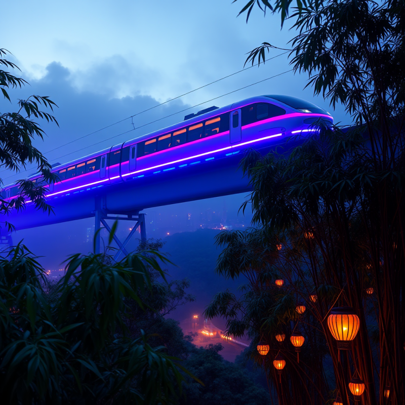 Sleek, Neon-lit Monorail Travels Above a Misty
