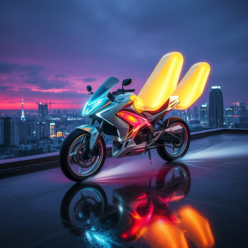 Sleek, Neon-lit Motorcycle with Glowing Golden Wings