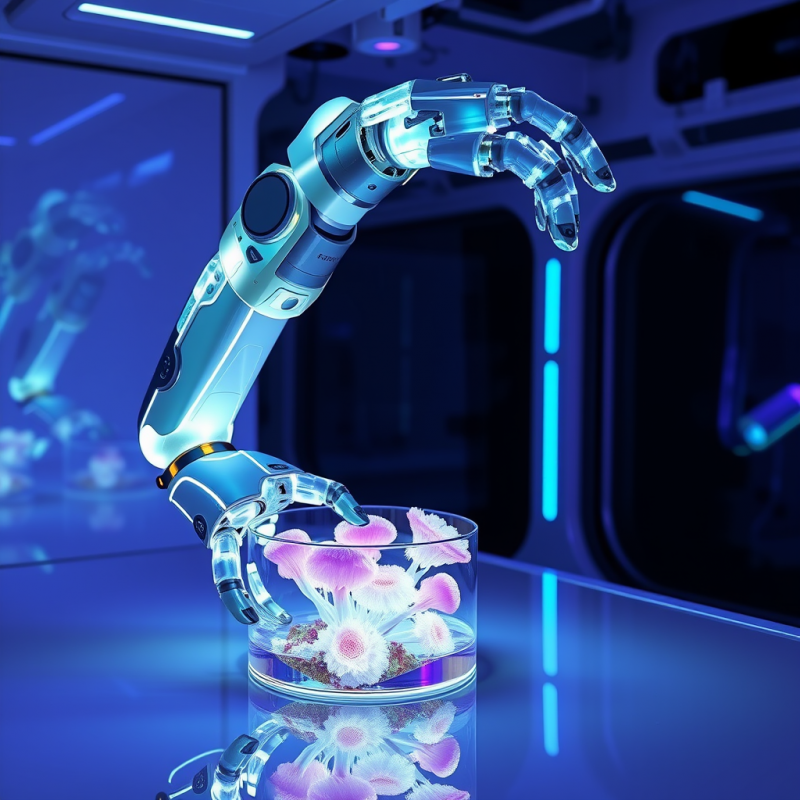 Sleek Robotic Arm Gently Interacts with Glowing Pink