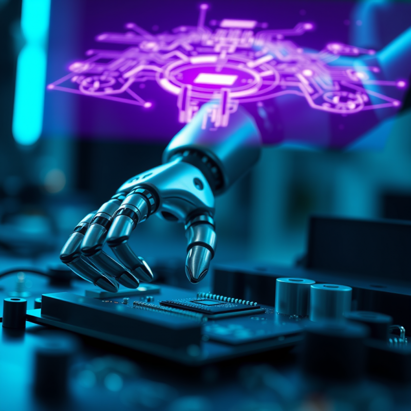 Sleek Robotic Hand Hovers Over a Circuit Board,