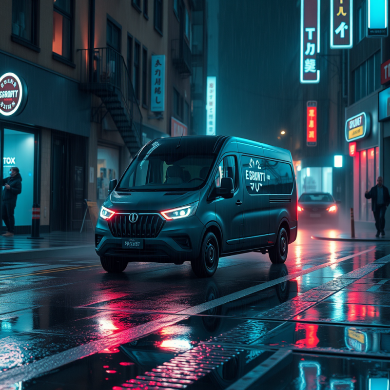 Sleek Van Drives Through a Rainy, Neon-lit City
