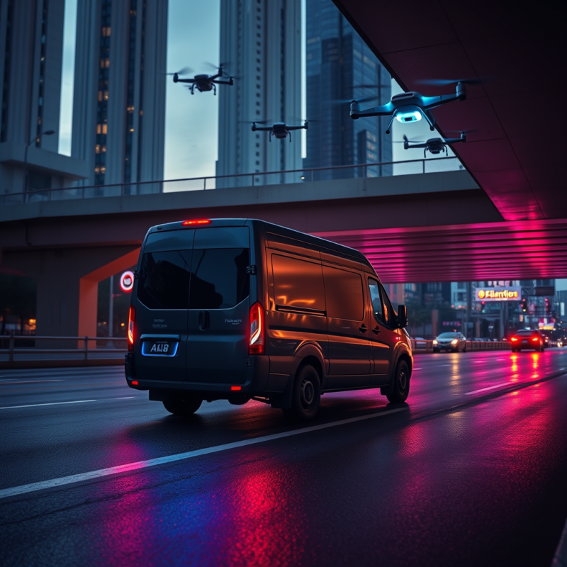 Sleek Van Drives Under a Glowing Bridge as Drones