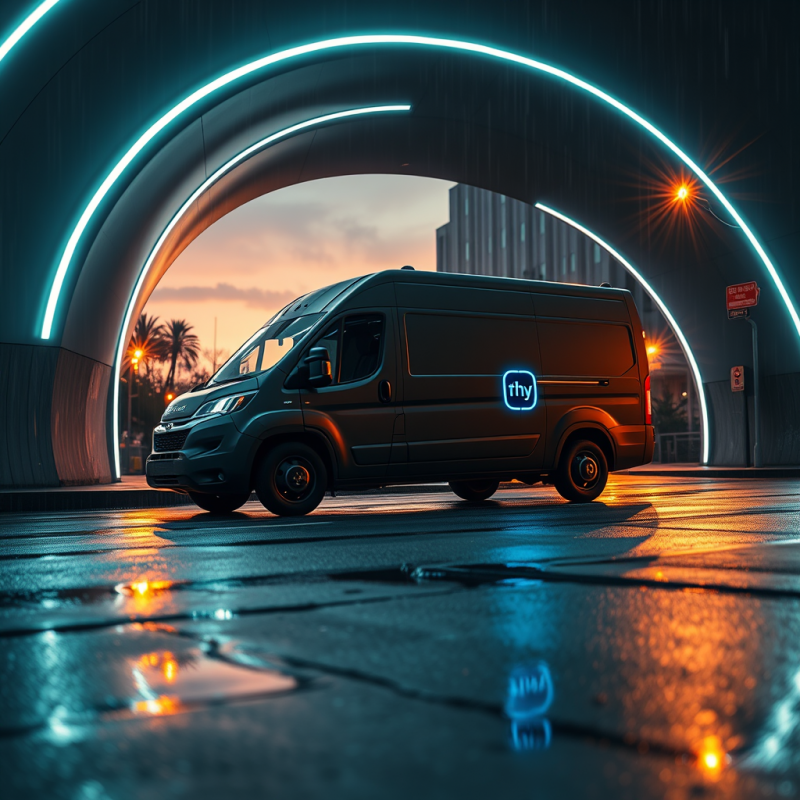 Sleek Van Glows Under a Futuristic Neon Archway on a