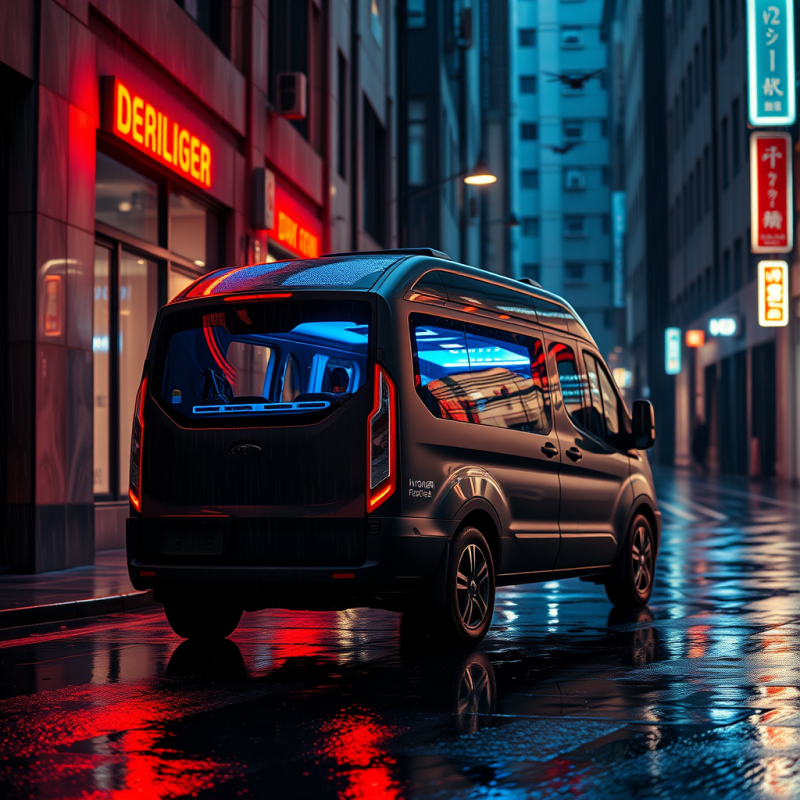 Sleek Van Glows Under Vibrant Red and Blue Neon