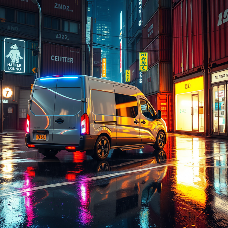 Sleek Van Reflects Vibrant Neon Lights on a Wet