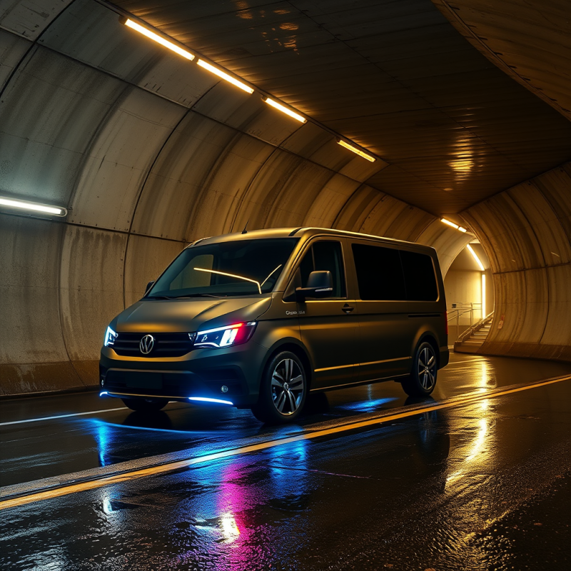 Sleek Volkswagen Van Drives Through a Wet,