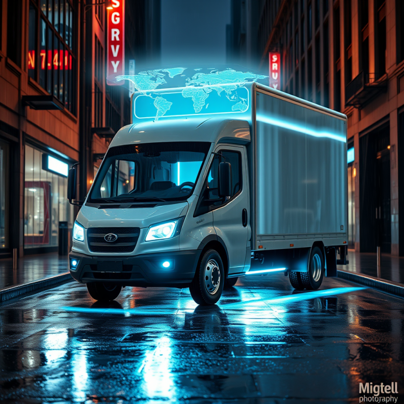 Sleek White Delivery Van with Glowing Blue World Map