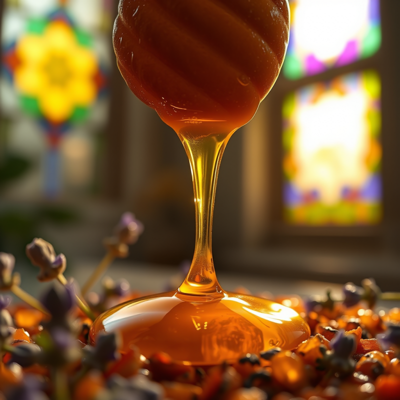 Slow-motion Capture of Golden Honey Dripping from a Raw...