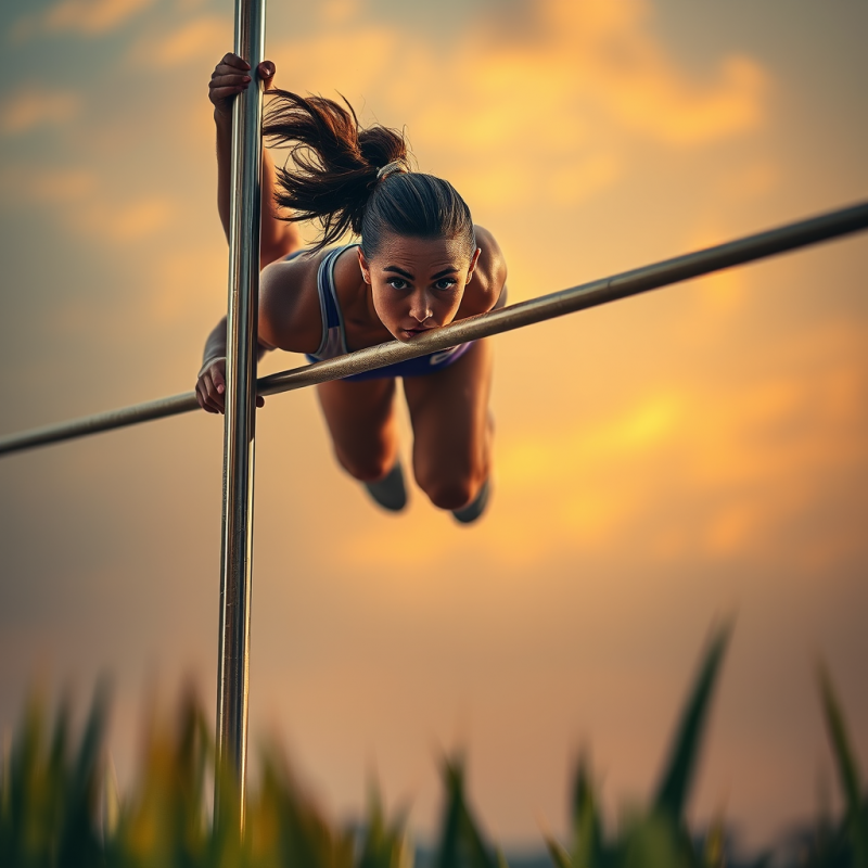 Slow-motion Shot of a Female Pole Vaulter Mid-flight