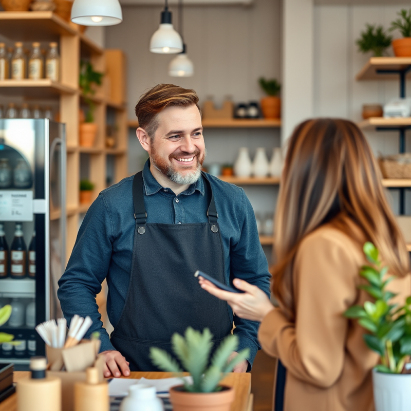 Small Business Owner in Shop Interacting Warmly with Cust...