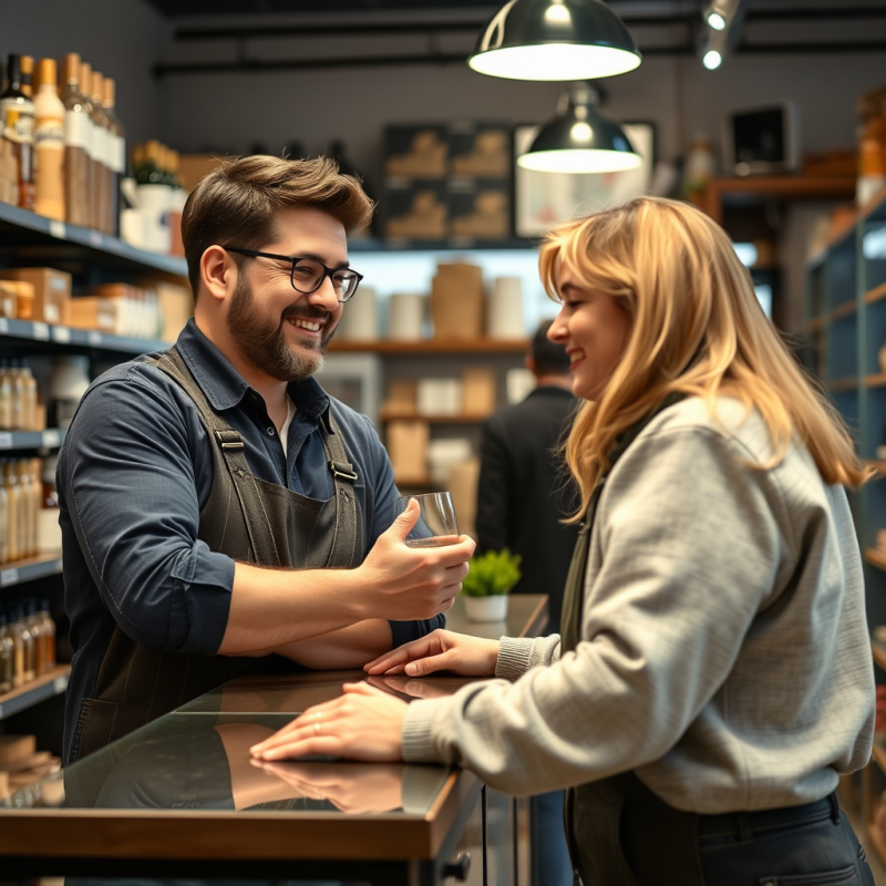 Small Business Owner in Shop Interacting Warmly with Cust...