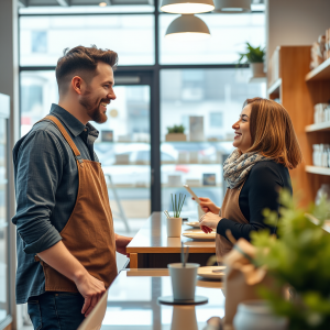 Small Business Owner In Shop Interacting Warmly With Cust...