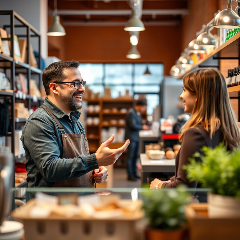 Small Business Owner in Shop Interacting Warmly with Cust...