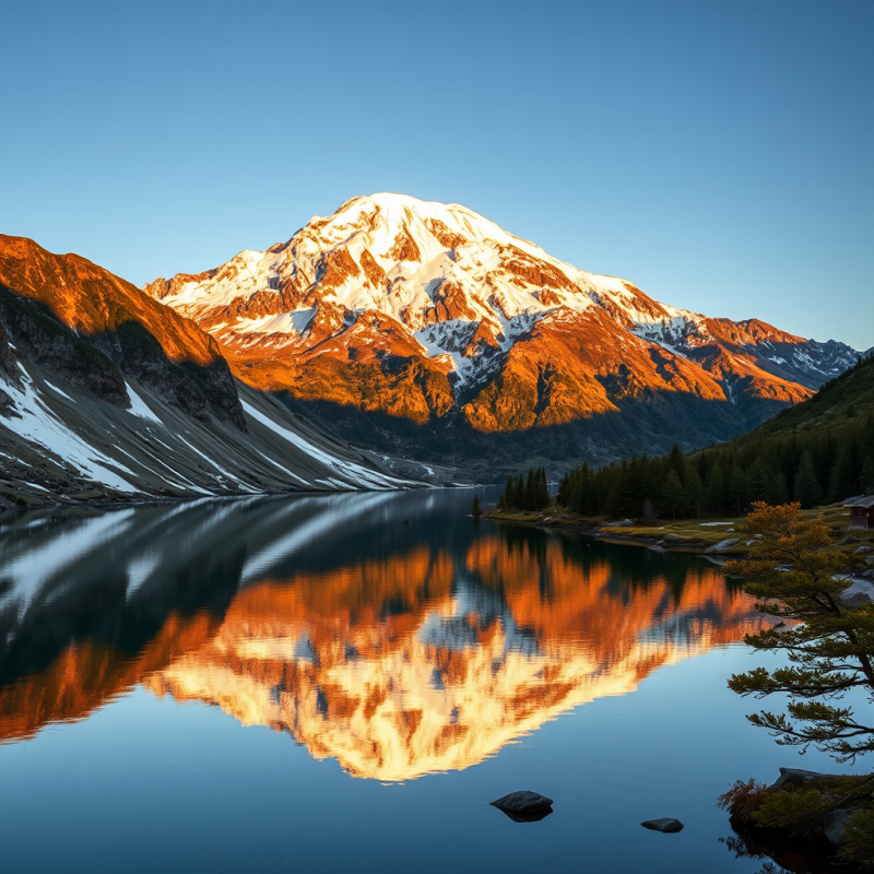 Snow-capped Mountain Reflected in Alpine Lake Pristine