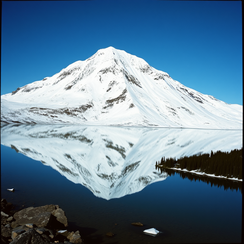 Snow-capped Mountain Reflected in Alpine Lake Pristine
