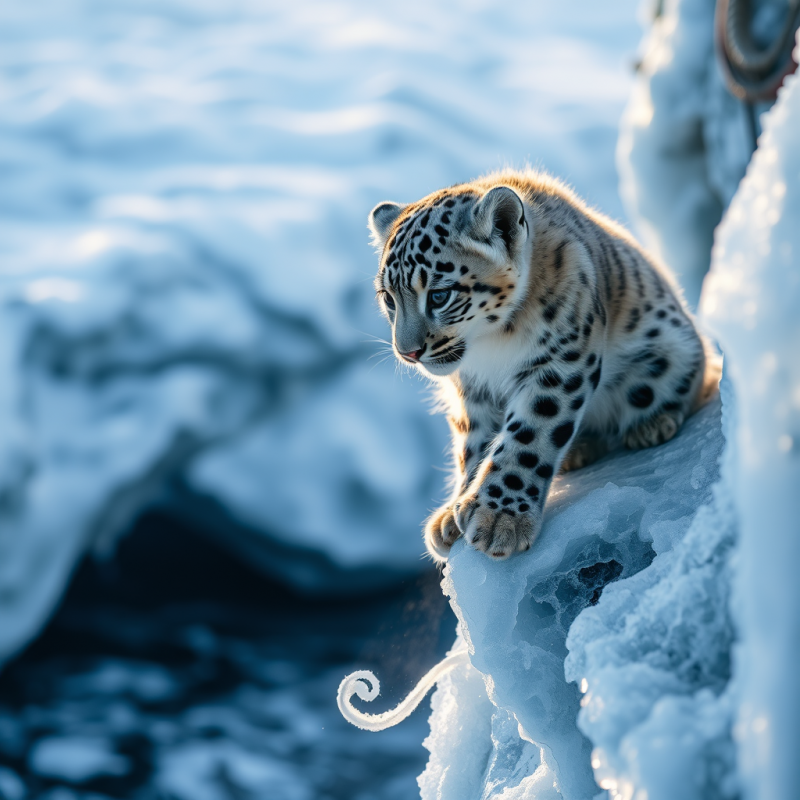 Snow Leopard Cub Perched Precariously on a Frost-cruste...