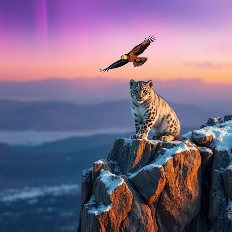 Snow Leopard Cub Perched Precariously on a Frost-slicke...