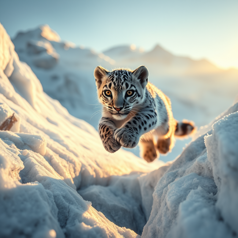 Snow Leopard Pup with Frost-dusted Fur and Curious Ambe...