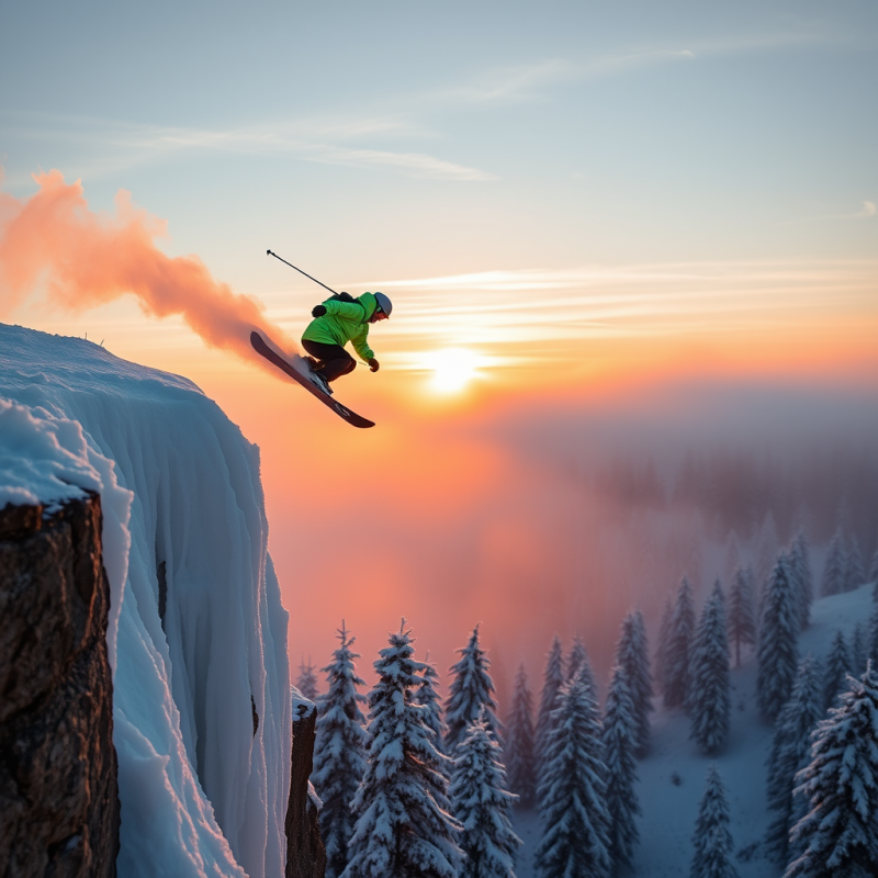 Snowboarder in a Iridescent Neon-green Jacket Glides Si...
