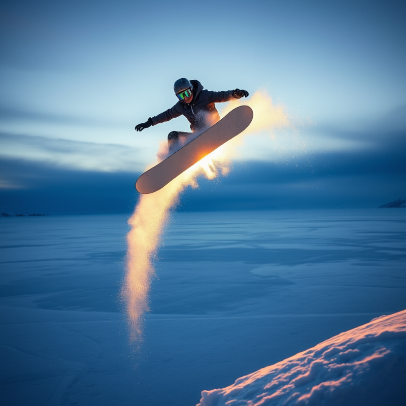 Snowboarder Mid-air Above a Frozen Lake at Dawn