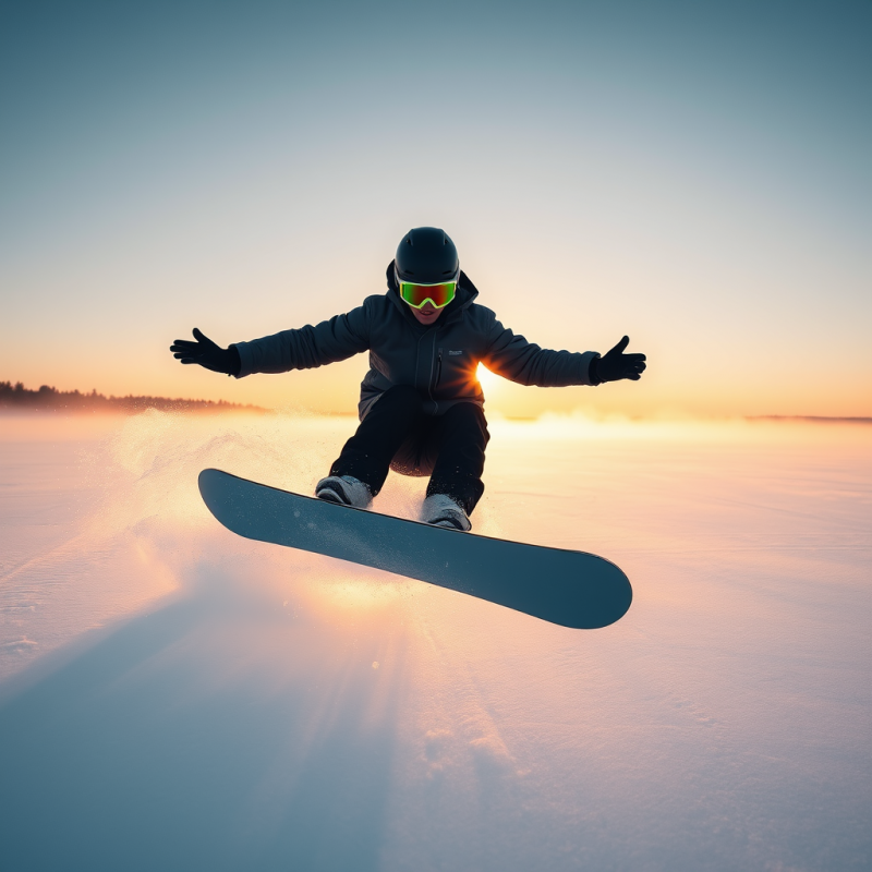 Snowboarder Mid-air Above a Frozen Lake at Golden Hour