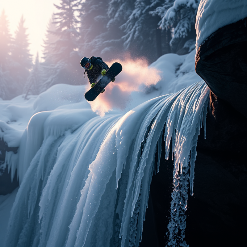 Snowboarder Mid-air Above a Frozen Waterfall at Dawn