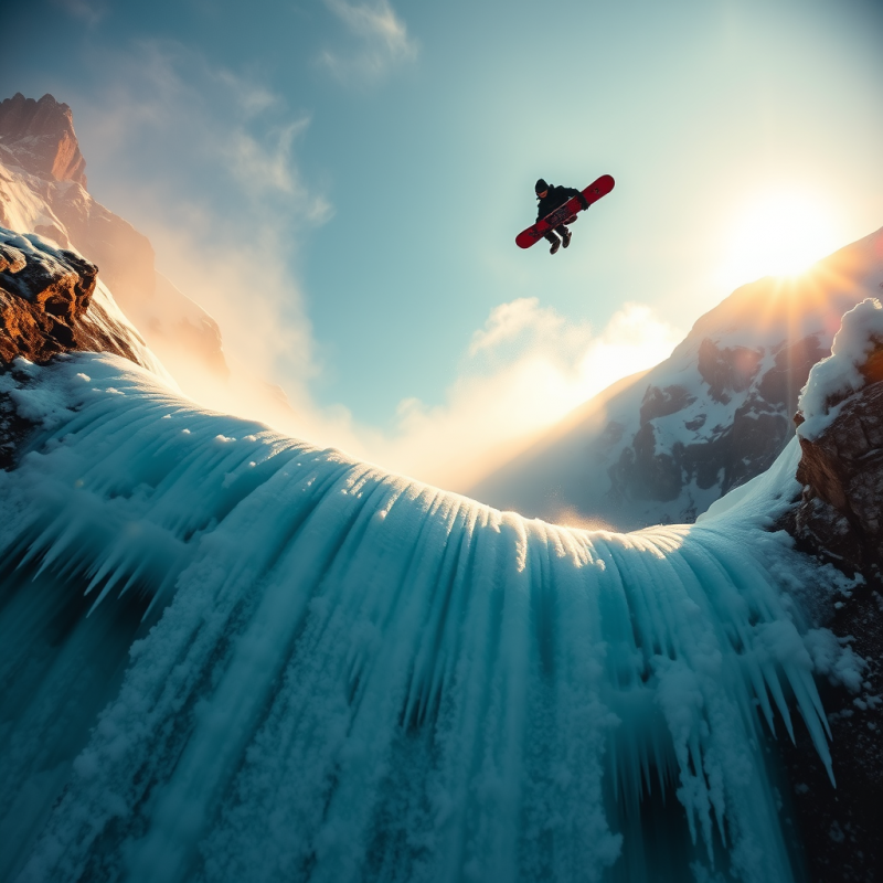 Snowboarder Mid-air Above a Frozen Waterfall in Milano ...