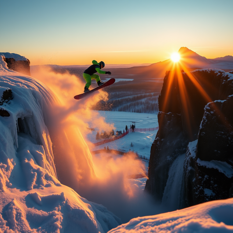 Snowboarder Mid-air After Launching Off a Frozen Waterf...