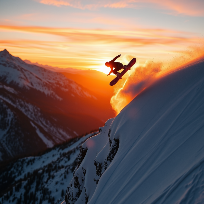 Snowboarder Mid-air Against a Fiery Sunset