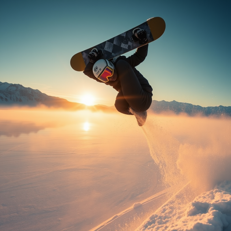Snowboarder Mid-air During a Backflip Over a Frozen Lak...