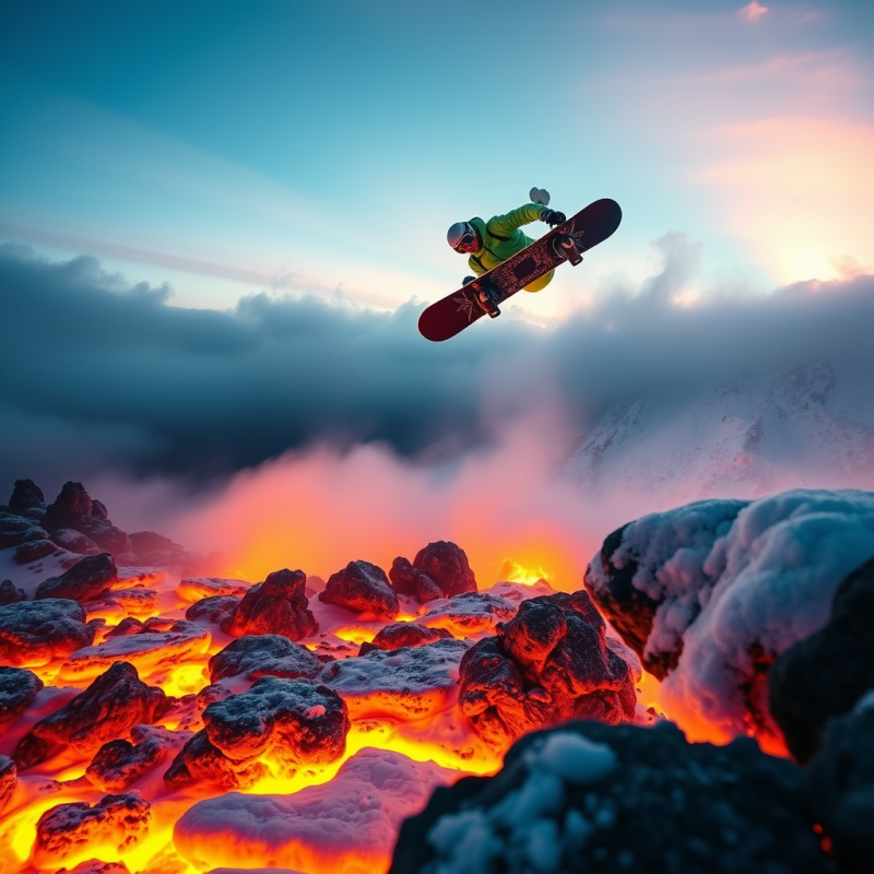 Snowboarder Mid-air During a Backflip Over Frozen Volca...